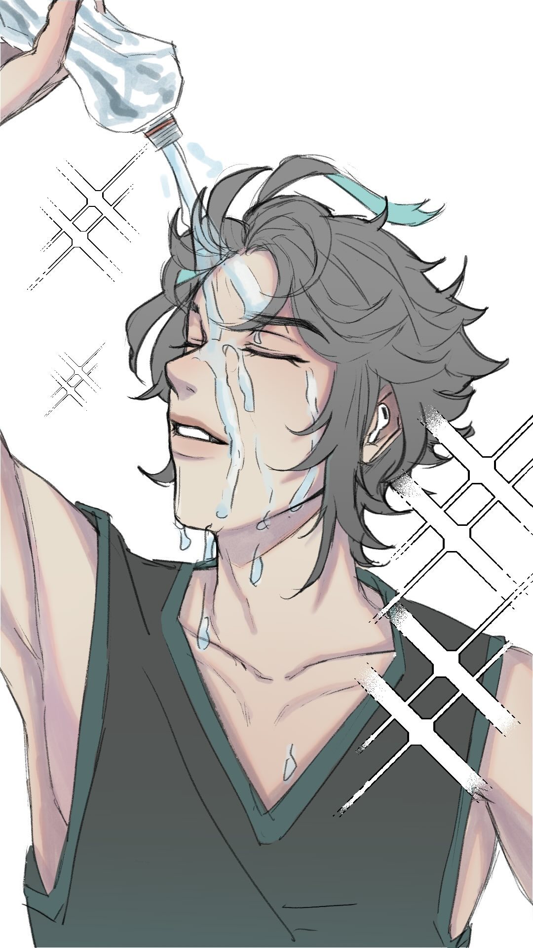 a digital drawing of a young animestyle man with long grey hair pouring water over his head from a plastic bottle. he's wearing a dark teal sleeveless top and has a relaxed, slightly dreamy expression on his face. the water is depicted as flowing down his face and neck, giving a sense of coolness and refreshment. the style is relatively simple and clean, with soft lines and muted colors. there are also some light sketchlike elements overlaid on the image, possibly adding to the casual aesthetic.