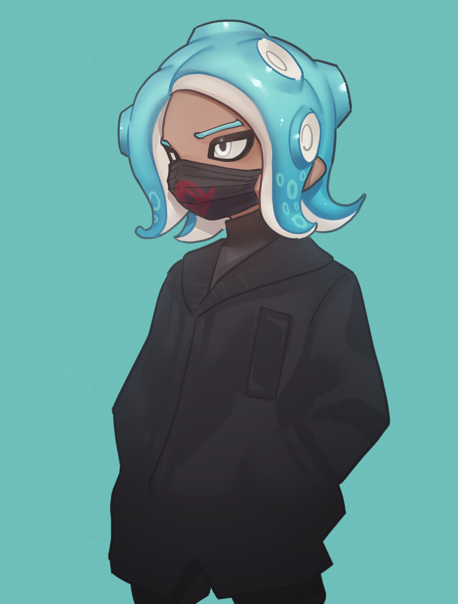 the image showcases a stylized drawing of a female character, potentially inspired by the octoling species from the splatoon video game series. she stands against a solid teal background, her blue hair styled in a way characteristic of octolings. the character wears a black face mask with a red design and is dressed in a black jacket and what appears to be a black turtleneck. the art style is smooth with clean lines, leaning towards anime and manga aesthetics. the lighting is soft, lacking harsh shadows, and the overall mood is neutral with the character sporting a stoic expression.