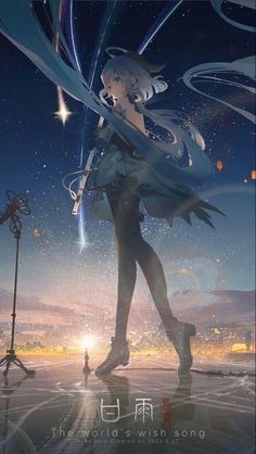 a single anime girl with long white hair stands on a stage, bathed in the glow of a spotlight. she is dressed in a flowing blue dress and holds a sword in one hand. behind her, the night sky is filled with stars and the streaks of a meteor shower. the distant cityscape twinkles with lights, creating a magical and dreamlike atmosphere. a microphone stand is positioned near the front of the stage, suggesting she is about to perform a song.
