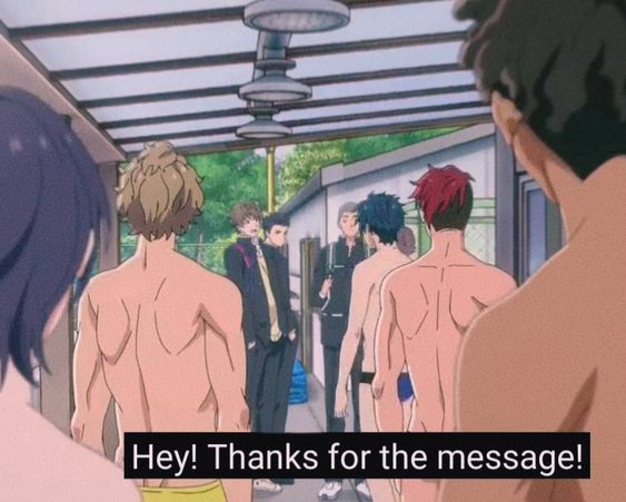 the image shows the backs of a group of muscular, shirtless anime boys in what looks like a shower room or locker room. there are three boys in the front, three in the back, and three in the middle. the three in the back are wearing darkcolored school uniforms. the boy on the far left is looking over his shoulder with a text bubble that says "hey! thanks for the message!". the light in the room is bright and appears to be natural light.