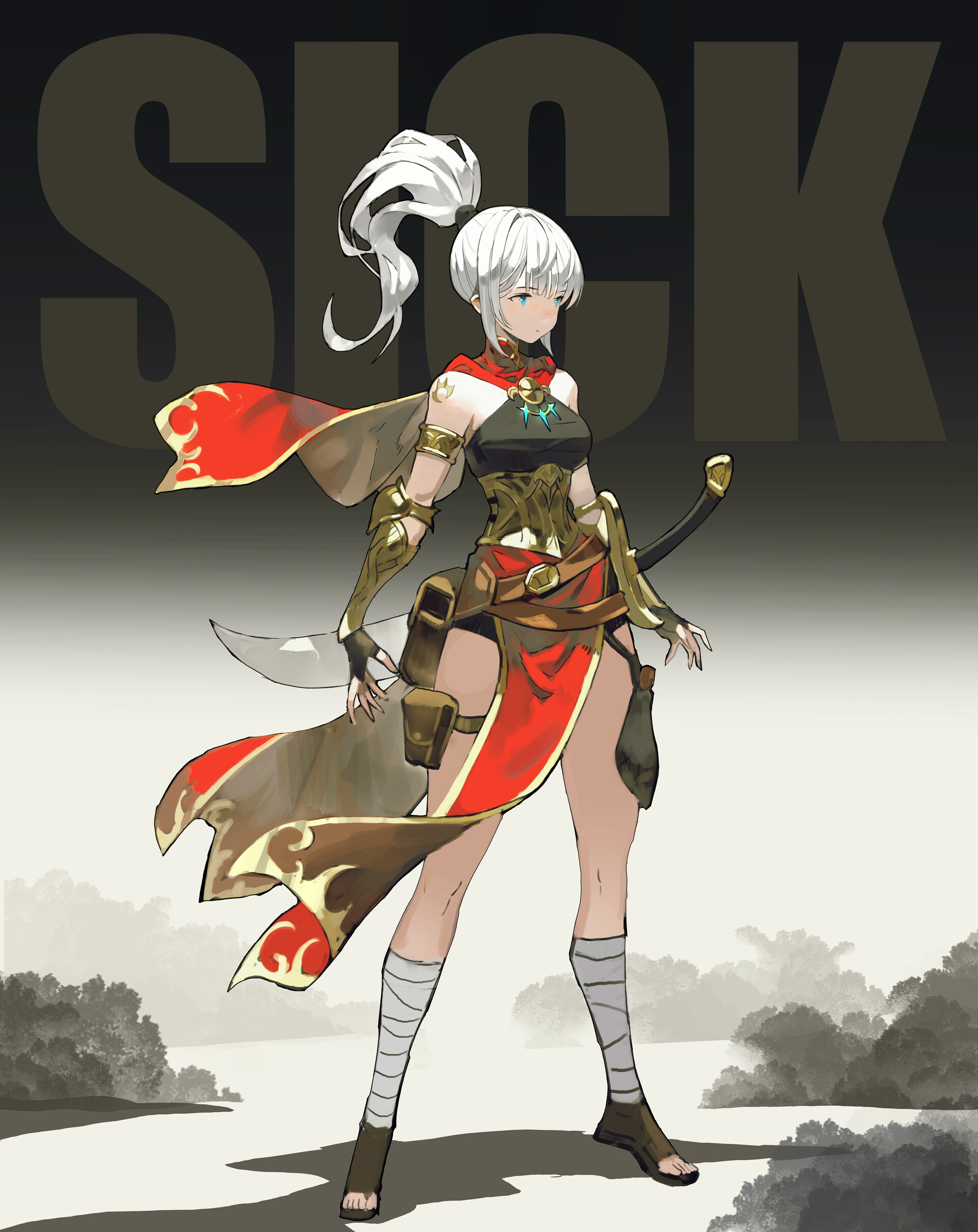 a fullbody animestyle image of a female warrior with white hair in a ponytail, wearing a red cloak and armor, holding a sword, standing in a fantasy landscape with the word "sick" in the background.