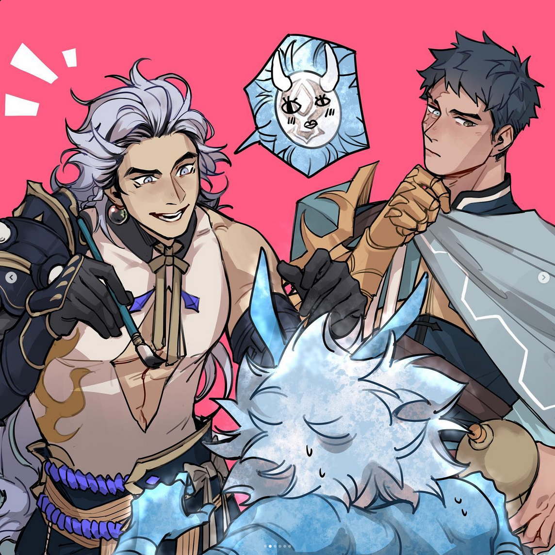 the image features three characters from the game genshin impact. shenhe, a bluehaired character with horns, is sitting with a troubled expression on her face. chongyun, a young man with white hair and purple eyes, is holding a paintbrush and playfully drawing on shenhe's arm. ayato, another male character with dark hair and a serious expression, is holding a sword and watching chongyun's antics with amusement. the scene is brightly lit and set against a pink background. a thought bubble above shenhe shows a chibi version of her with worried eyes.