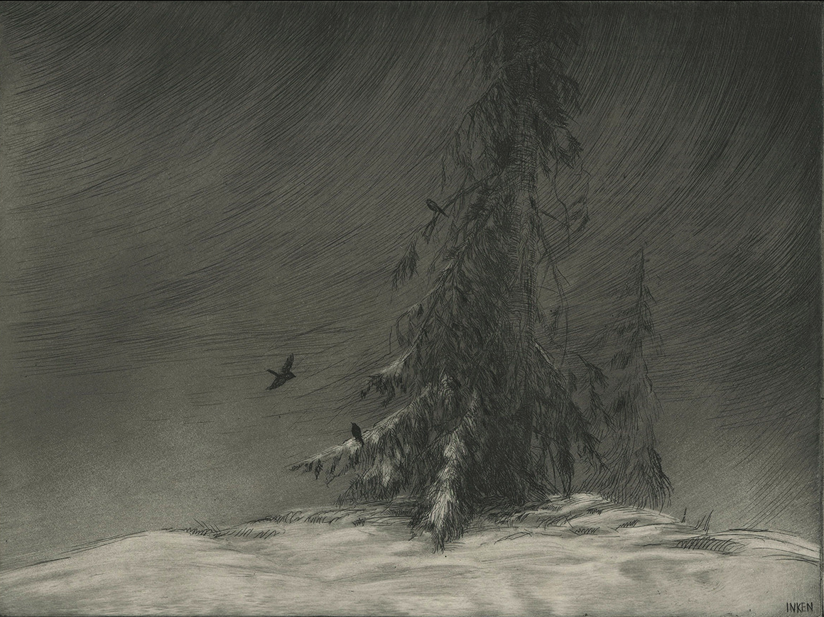 the image is a black and white photo of a snowy landscape with a few trees. the trees are covered in snow, and the ground is also covered in snow. the sky is dark and stormy. there are a few birds flying in the sky. the overall tone of the image is dark and somber.