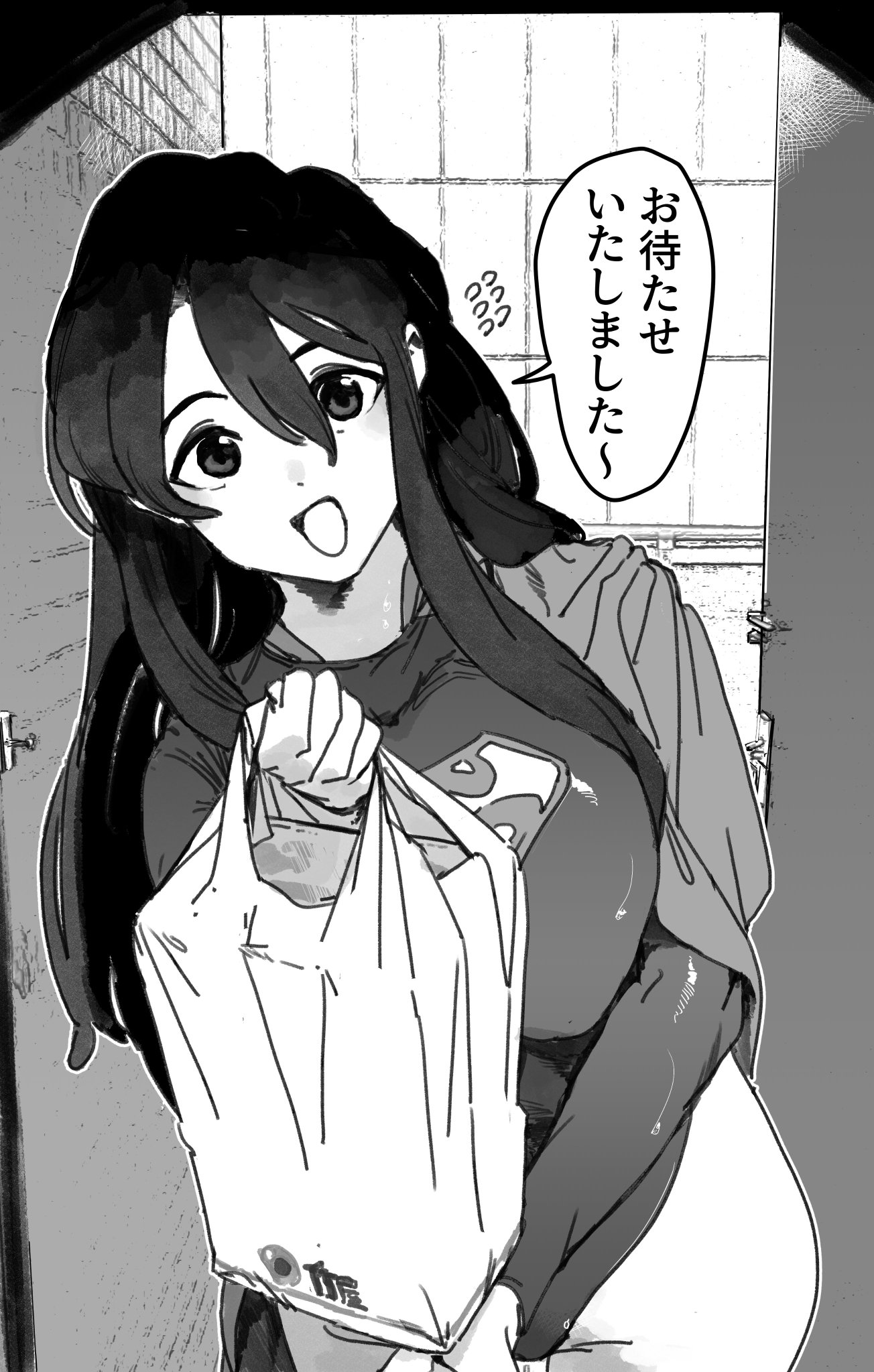 a black and white illustration of a woman in a supermanlike costume standing in a doorway, holding a shopping bag and looking excited. the text bubble says, "i bought it!" in japanese.