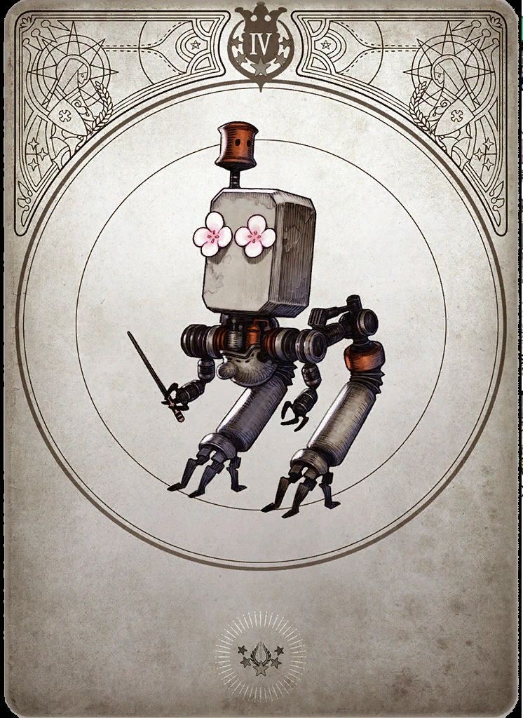 a drawing of a whimsical steampunk robot is depicted on an ornate card. the robot is gray with a boxy head, flower eyes, and holds a small sword.  the background is cream with a circular frame adorned with art nouveauinspired details. roman numeral "iv" is displayed at both the top and bottom of the card.