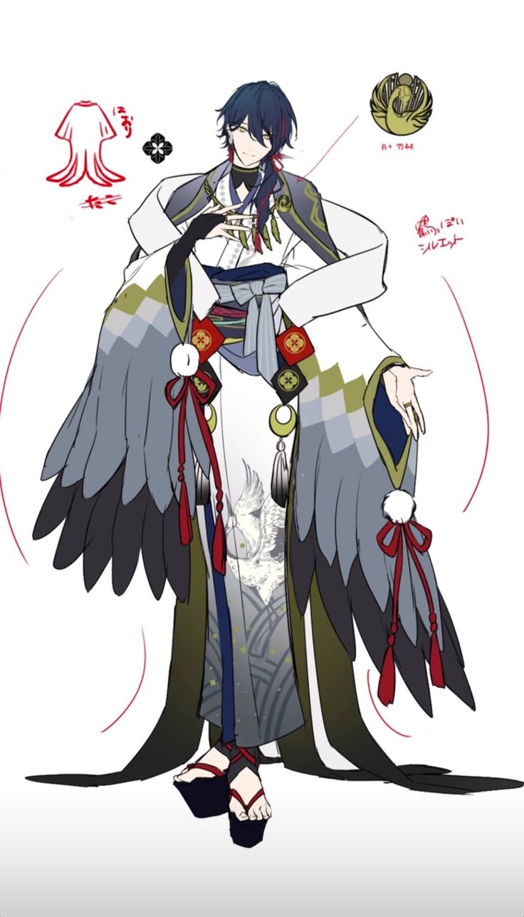 this is a drawing of a male anime character wearing a traditional japanese kimono with black, blue, white, gold, and red colors. the design of the kimono features a unique pattern and the character has long black hair and red eyes. the drawing is beautifully done with sharp lines and intricate details.