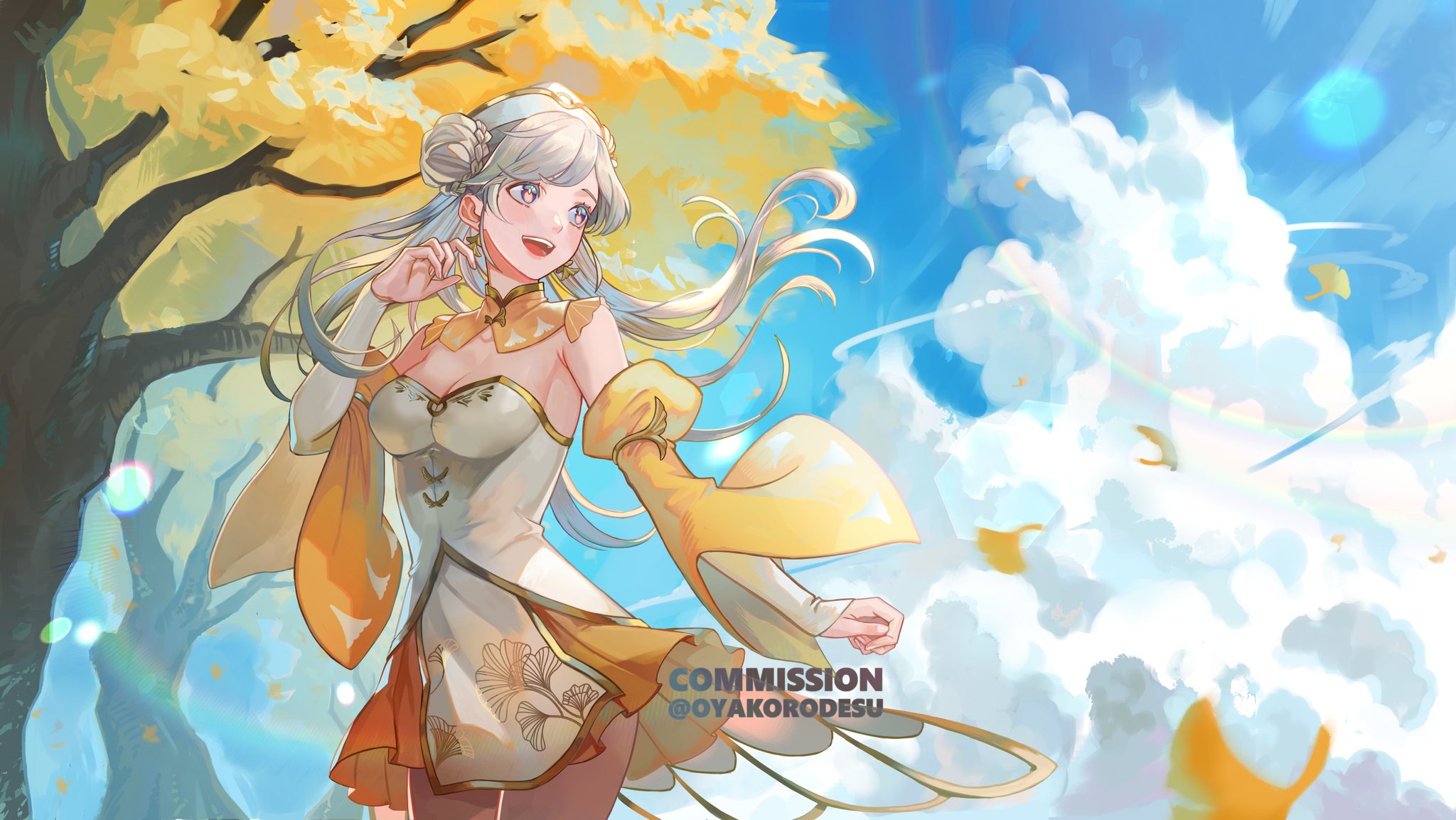 the image features an anime girl with long white hair and a cheerful expression. she is wearing a yellow and white dress with a flowing design. she is standing in a field of yellow flowers, with blue sky and fluffy white clouds above her. her hair is flowing in the wind, and she looks happy and carefree. the overall image is bright and cheerful, with a sense of fantasy and wonder.