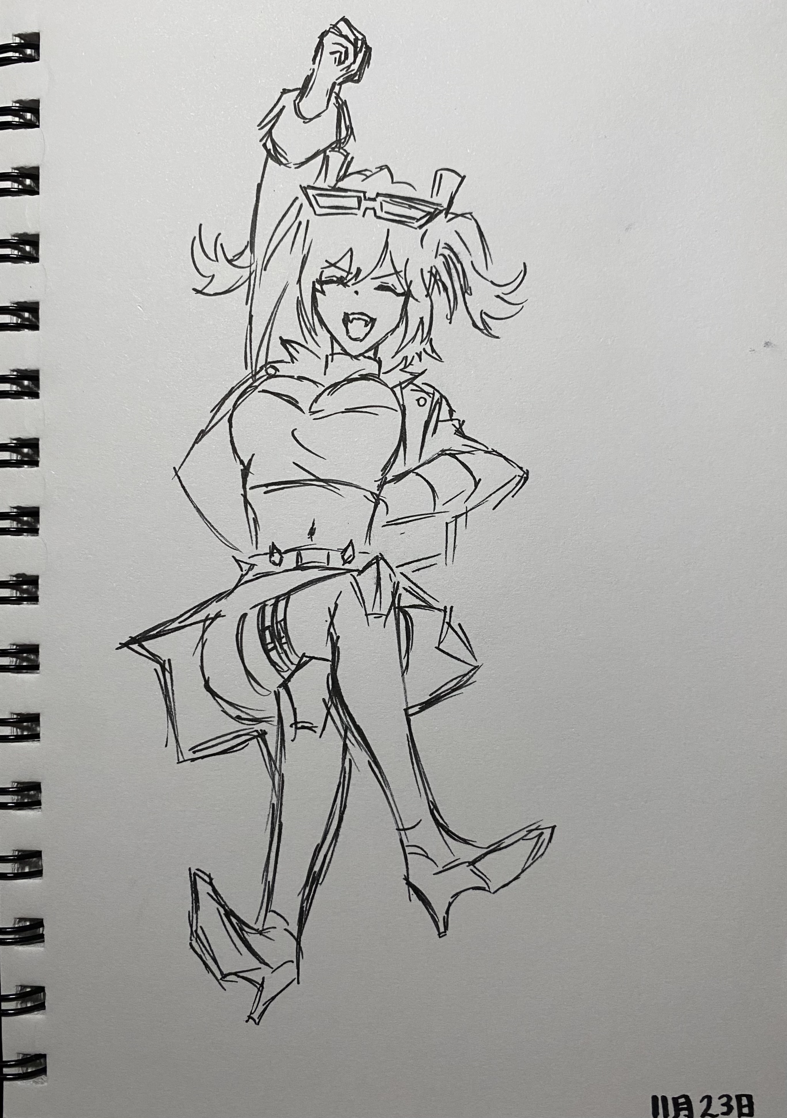 the image shows a handdrawn sketch of an animestyle girl in a dynamic pose. she is shown from the knees up, with her right arm raised in the air and her body slightly leaning to the left. she is wearing a jacket, skirt, and boots, and has pigtails and glasses. the drawing style is expressive, with quick, gestural lines that capture movement and energy. the overall tone of the sketch is joyful and exuberant. the sketch appears to be done with a pen or ink on notebook paper.