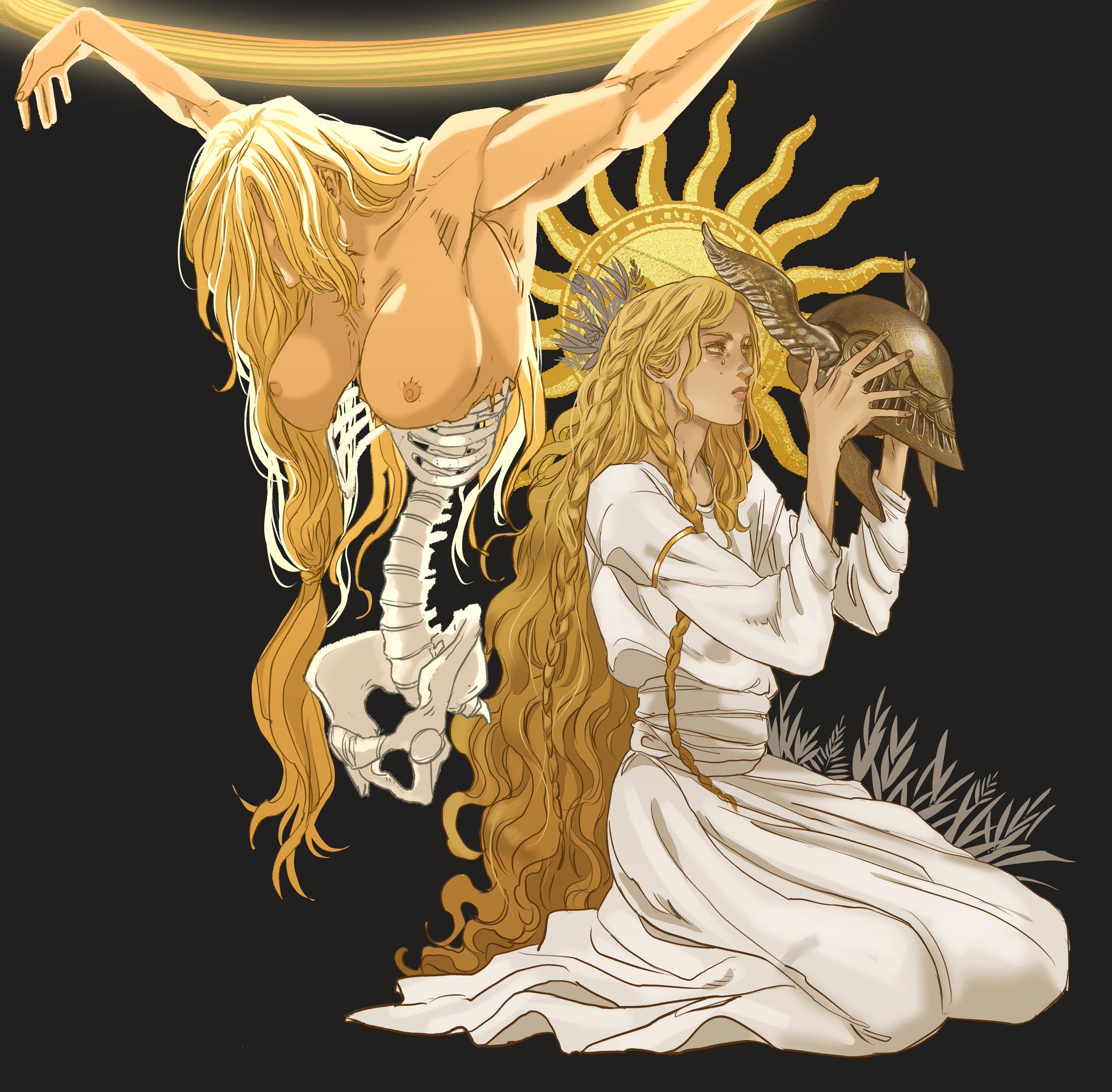 a digital illustration depicts a surreal fantasy scene. a blondehaired woman in a white dress kneels, holding a winged helmet, with a sun in the background. above and behind her is a figure that is partially human and partially skeletal, with blonde hair and exposed breasts. the skeletal portion is the ribcage and spine.