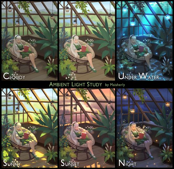 six panels show a girl sitting in a chair, reading a book inside a greenhouse, under different lighting scenarios. the lighting scenarios are: cloudy, sunny, sunset, night, and underwater.
