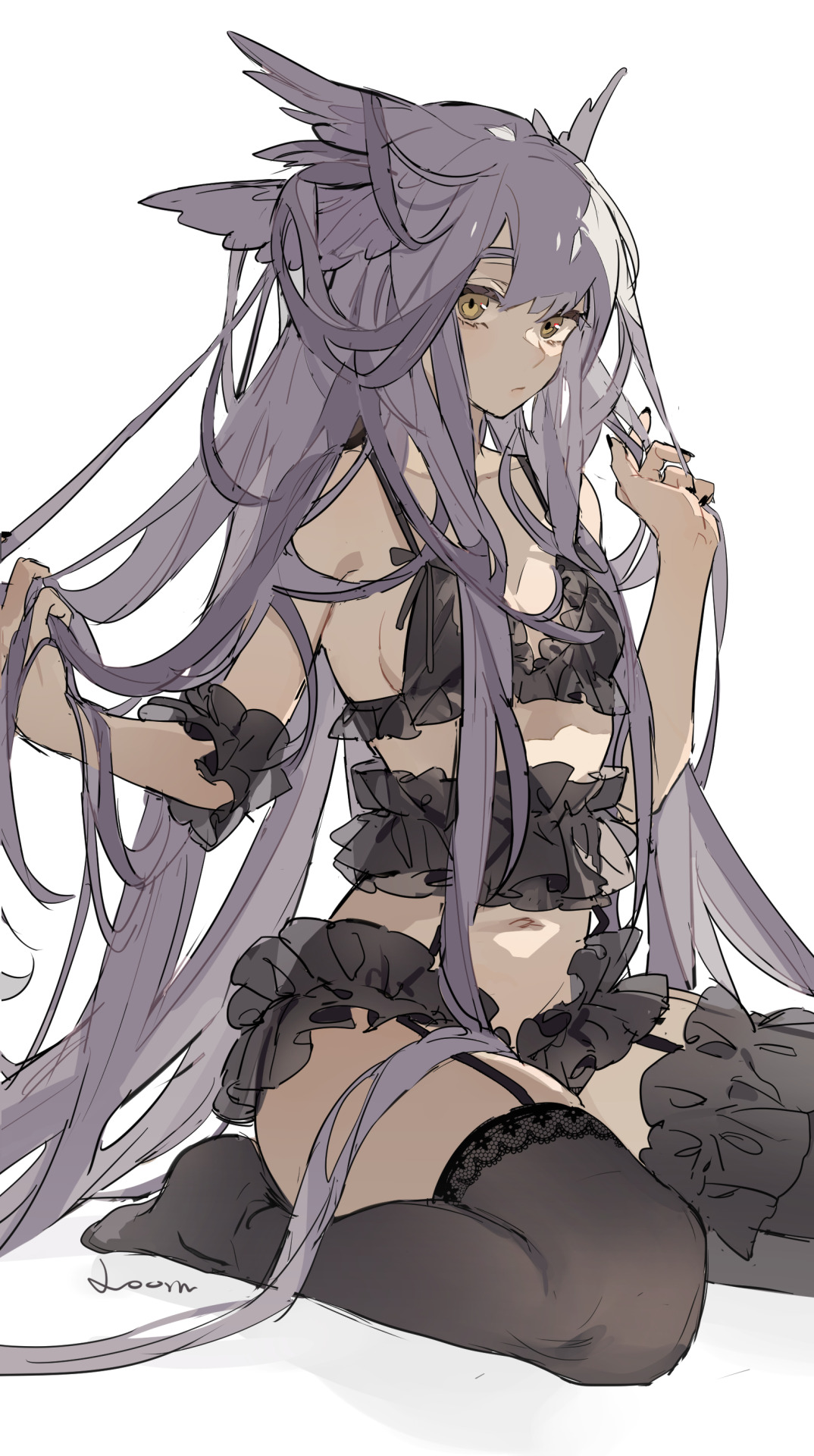 an anime woman with long purple hair and yellow eyes is sitting on the ground. she is wearing black lingerie with frills and black stockings.
