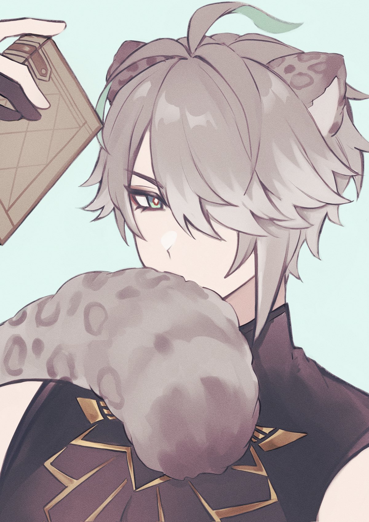 an anime style drawing of a cute boy with white hair and cat ears. he is holding a book in his hand, and looking at something offscreen. he looks very adorable and innocent.
