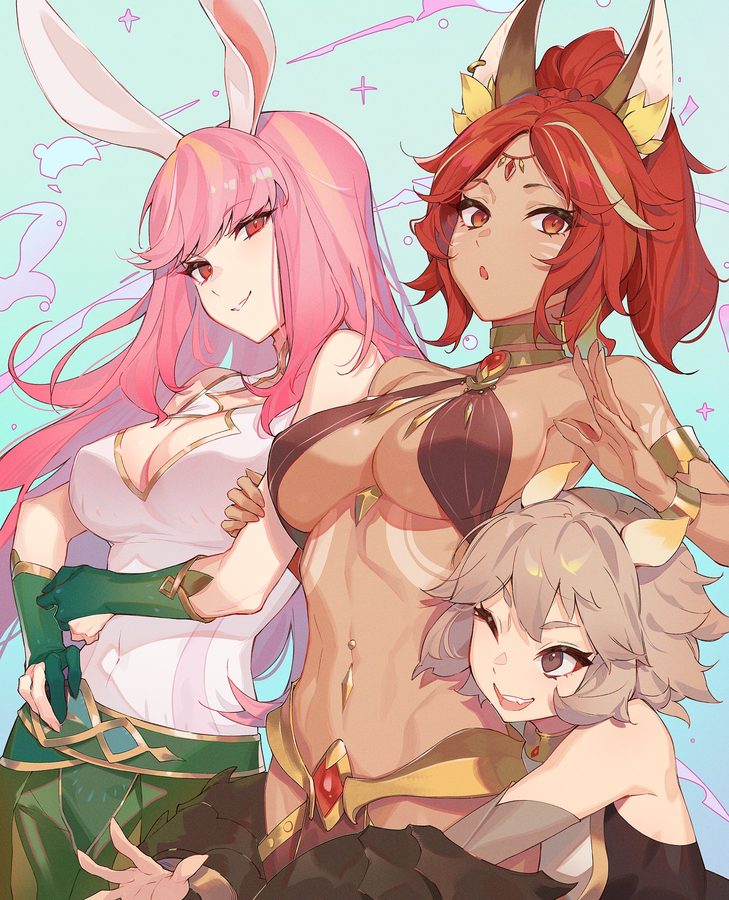 the image shows three animestyle girls. the girl on the left has pink hair, bunny ears, red eyes and is wearing a white top with green trim. the girl in the middle has dark skin, red hair in a bun, horns, and is wearing a revealing brown top and golden jewelry. the girl on the right has gray hair, pointy ears, and is wearing a black top. all three girls are smiling. the background is a light blue with pastel swirls and shapes.