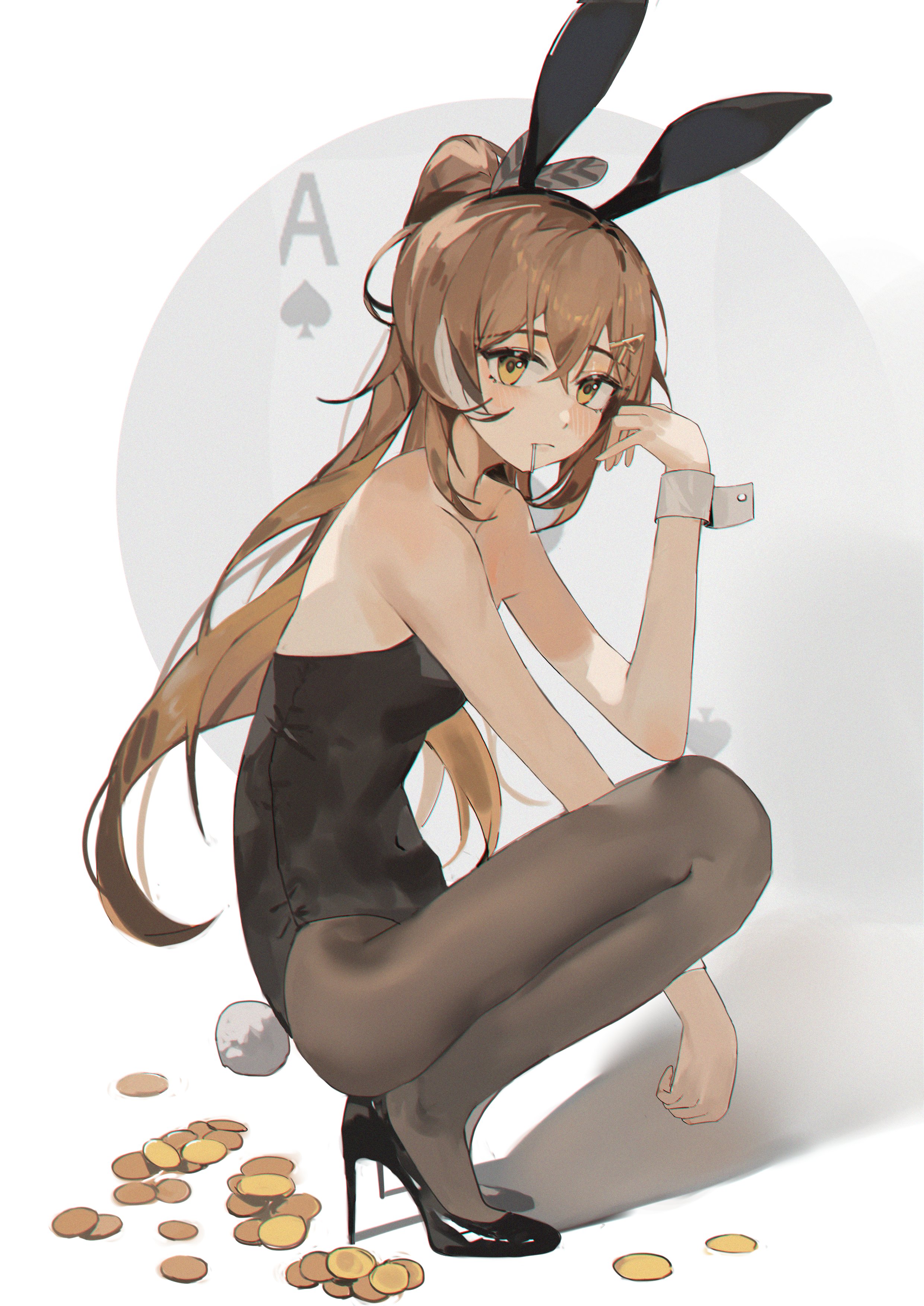 the image is a digital illustration of an animestyle girl dressed in a black bunny girl outfit. she has long brown hair styled in a ponytail and is wearing black bunny ears.  she is crouching down, wearing high heels, and there are gold coins scattered around her. the background is a light grey, and an ace of spades is subtly visible in the background.  the overall style is soft and slightly melancholic.