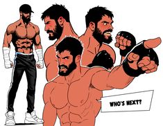 this image is character design for a male fighter. it looks like a page from a comic book, depicting the fighter from multiple angles (front, side) and in various poses. the fighter is muscular, with a beard and a determined expression. he wears boxing hand wraps, sweatpants and sneakers. in one of the panels, he's pointing at the viewer with the words "who's next?" in a speech bubble.