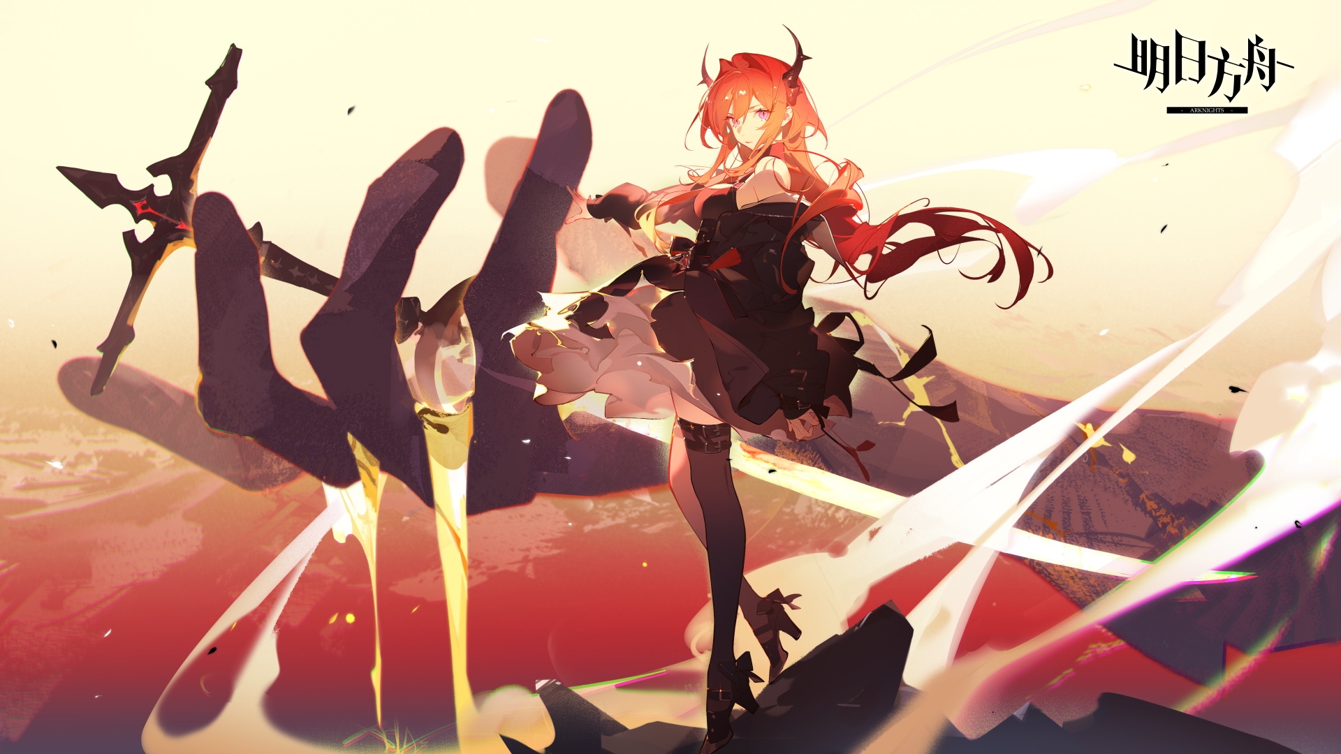 an animestyle illustration depicting surtr from arknights, a redhaired anime girl with horns, wearing a black dress and stockings, holding a unique weapon, with a stylized giant hand behind her, and the arknights logo in the upper right, all set against an abstract, colorful background.