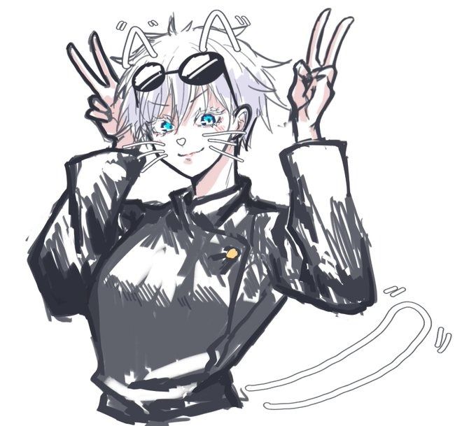 the image is a stylized digital drawing or sketch of an animestyle male character. he has short, white hair, is wearing sunglasses and cat ear headbands, and is making a peace sign with both hands. he's dressed in a darkcolored, casual jacket and has a playful and happy expression. the art style is loose and expressive, with visible brushstrokes and shading.  a stylized tail is drawn behind the character, completing the cat theme.