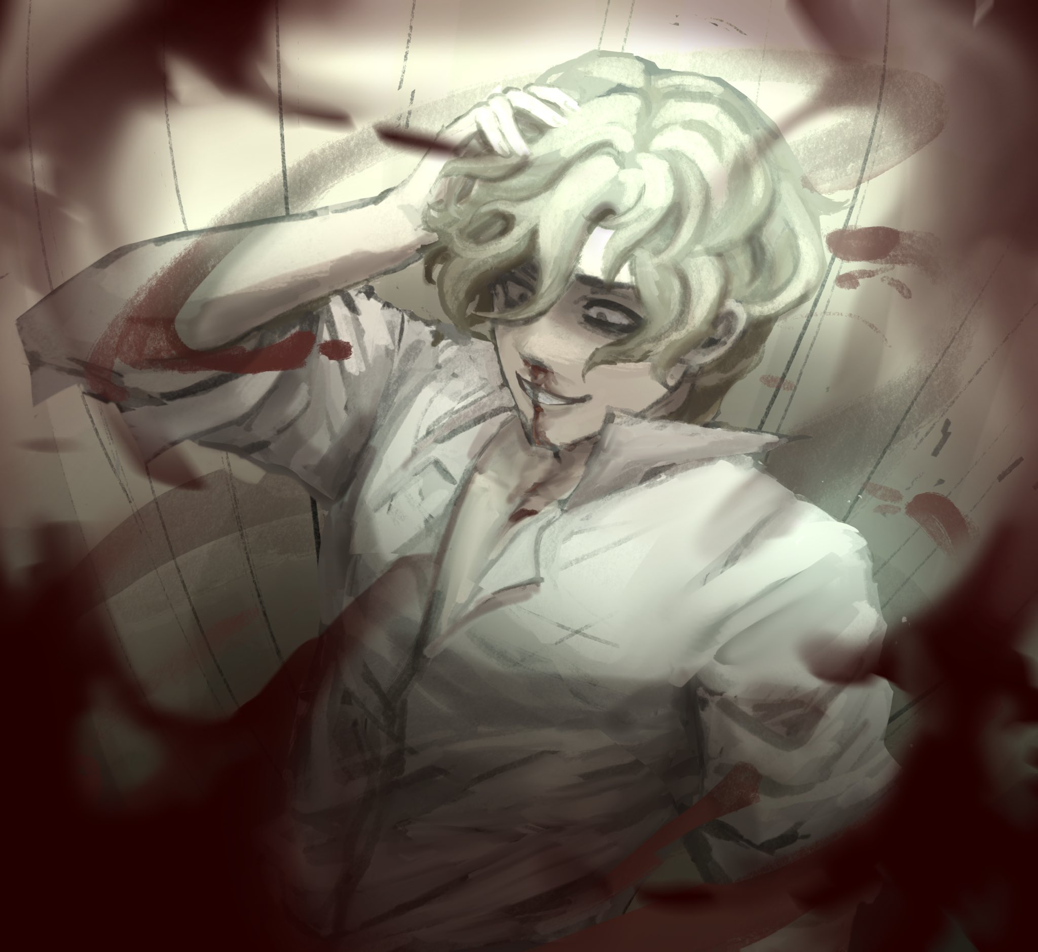 a man with blonde hair is shown in a closeup portrait. he is wearing a white shirt and his face is covered in blood. he is looking at the viewer with a scared expression. the background is dark and blurry.  the image is disturbing and suggests violence.