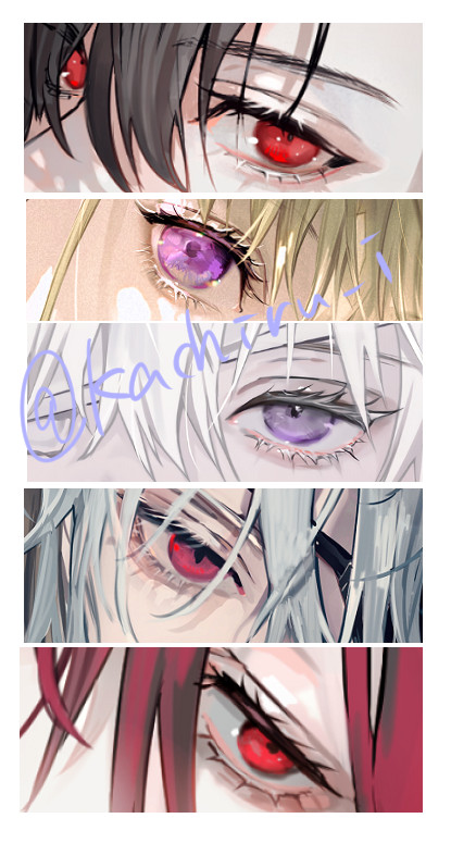 the image is a vertical collage of five pairs of anime style male eyes.  the top, second to last, and last pair of eyes are red and the other two are purple. each pair of eyes is surrounded by hair.  the top pair of eyes is surrounded by black hair, the second by blonde hair, the third by white hair, the fourth by white hair with black streaks, and the last pair by maroon hair.