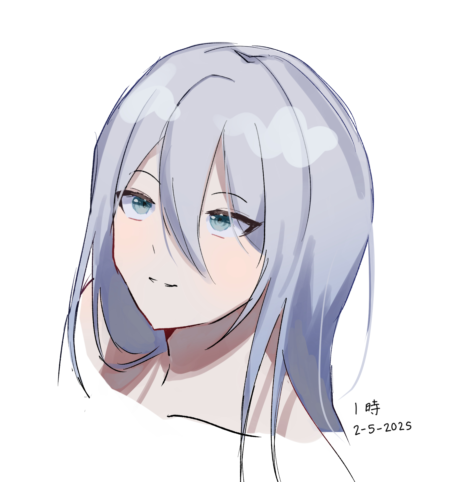 an animestyle illustration of a fairskinned young woman with white, shoulderlength hair and teal eyes. she has a slight, knowing smile and her head is tilted slightly to the side. the background is a plain white, with a handwritten date and time in the lower right corner. the artwork appears to be a digital creation with soft shading and linework.
