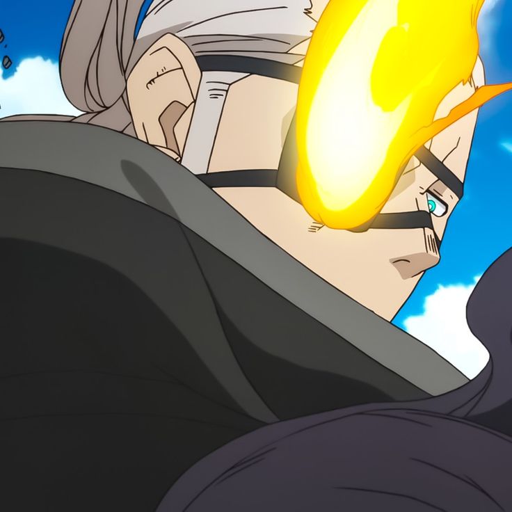 this is a digital illustration of a character from the fire force anime. the character is a man with white hair and blue eyes. he is wearing a black uniform with a white collar, and a black eyepatch over his right eye. he has a bandage wrapped around his forehead, and the flames that come from it are engulfing his right eye.