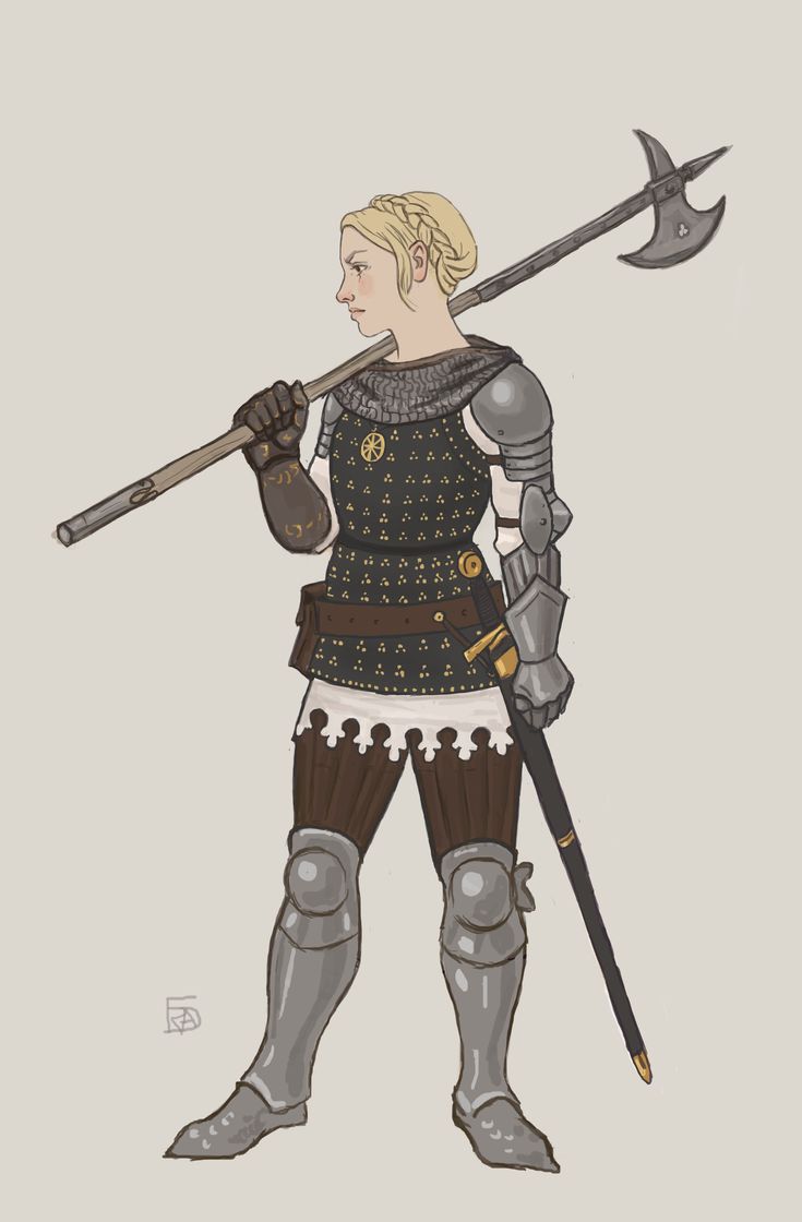 the image is a digital drawing of a female knight in medievalstyle armor.  she stands in profile view, holding a halberd (or possibly poleaxe) across her shoulders. her armor consists of plate armor on her arms and legs, with chainmail visible under the plate armor on her torso.  she wears a darkcolored surcoat over the chainmail, decorated with gold accents. her hair is blonde and pulled back. she also has a sword at her hip. the background is a plain light gray. the style is reminiscent of fantasy illustrations.