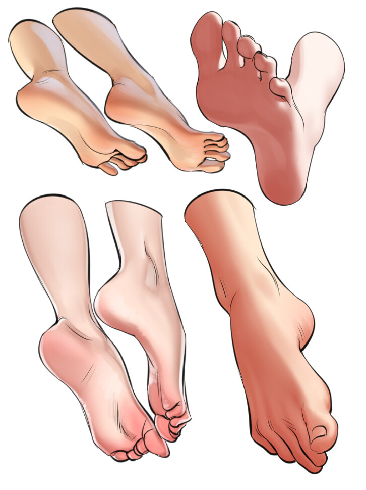 the image showcases a collection of six meticulously drawn feet and legs, rendered in a stylized and semirealistic art style. the drawings emphasize anatomical details, shading, and highlights, providing a reference for artists.