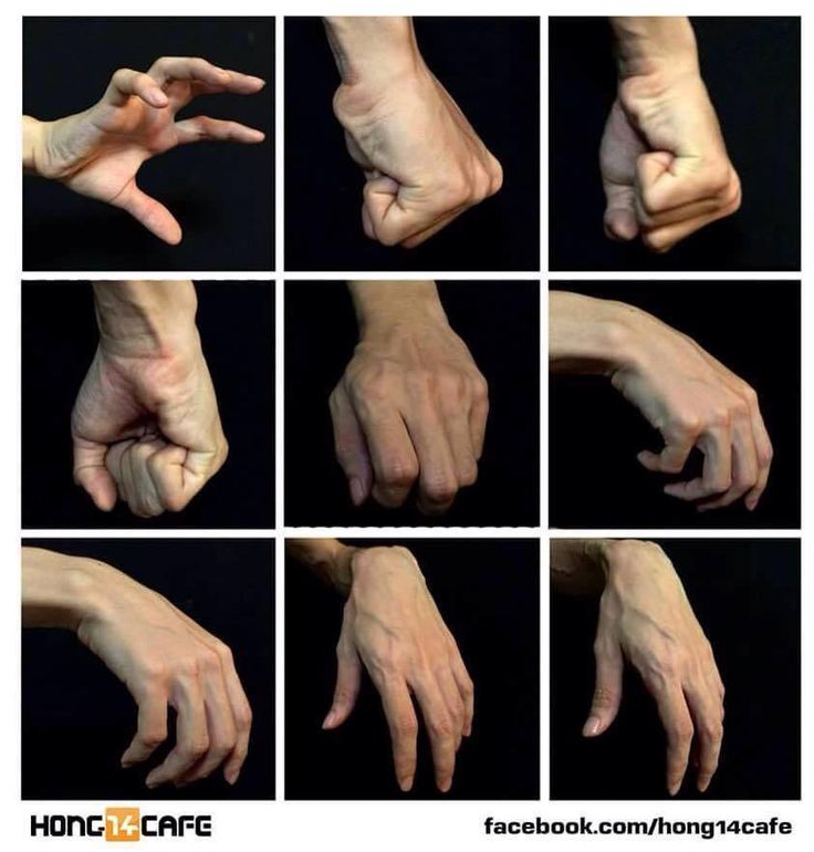 the image displays nine different hand poses, each one showcasing a unique angle and gesture. the hands are welllit and photographed against a dark background, emphasizing the details and contours of each hand. the poses range from a clenched fist to an outstretched hand with splayed fingers, demonstrating a variety of possible positions and angles. this image serves as a helpful reference tool for artists, illustrators, and anyone interested in learning more about hand anatomy and poses.