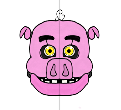 a cartoon drawing of a pink pig face with yellow eyes, black eyebrows, and a pink snout. the image is split down the middle with a vertical line.