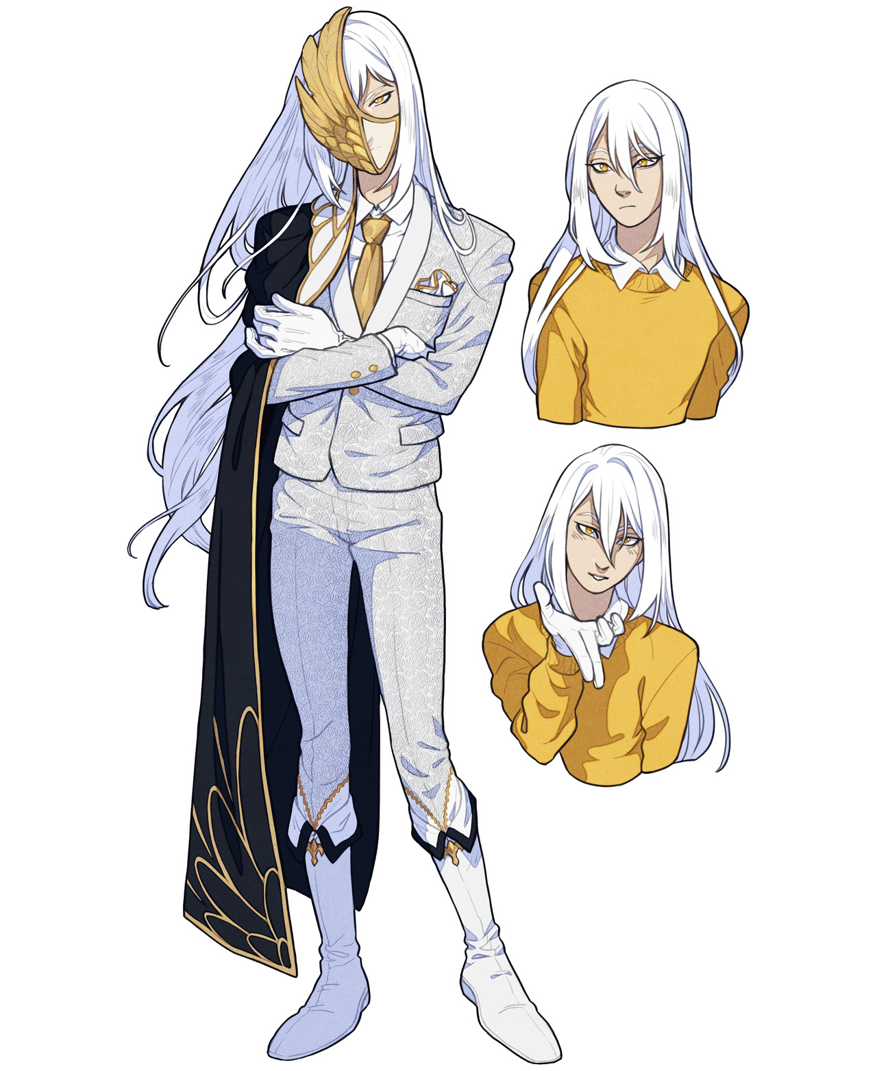 the image shows a character design of a man with long white hair and a gold mask covering half of his face.  he is wearing a white suit with gold accents, white gloves, and white boots with gold accents.  the suit has a black capelike attachment on the back.  there are two smaller images of the character's head and shoulders; one with a neutral expression and one with a slightly mischievous expression.  in these, he is wearing a yellow turtleneck. the background is white.