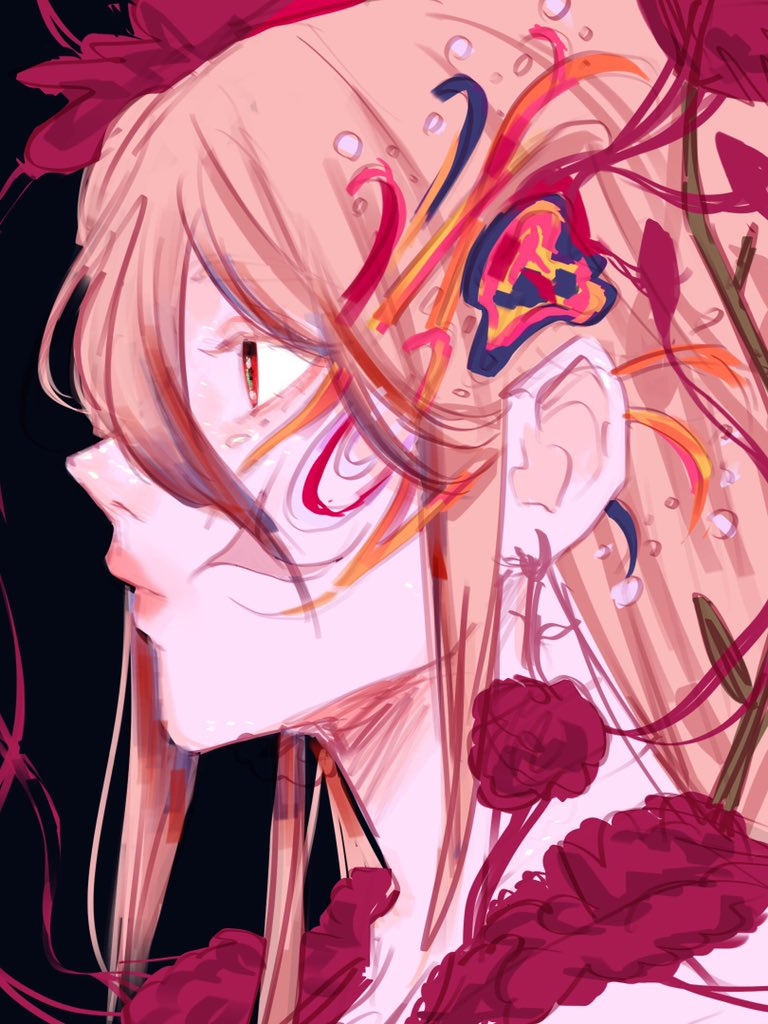 this is a digital illustration of a young anime girl with long, pink hair. she has a floral pattern on her face, and is wearing a red and pink floral dress. the background is dark, and the girl is the focus of the image. the image is very detailed and beautiful.