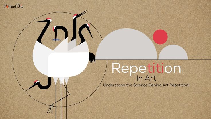 this image features a minimalist design with three white cranes with black accents on a brown background. the cranes are arranged in a circle with their beaks pointing inward. the cranes' bodies are composed of simple geometric shapes and the background is a plain brown color. there is also a white and red graphic above the cranes which reads "repetition in art" and explains that the image is about understanding the science behind art repetition. the image uses a minimalist aesthetic and simple geometric shapes to create a visually engaging composition.