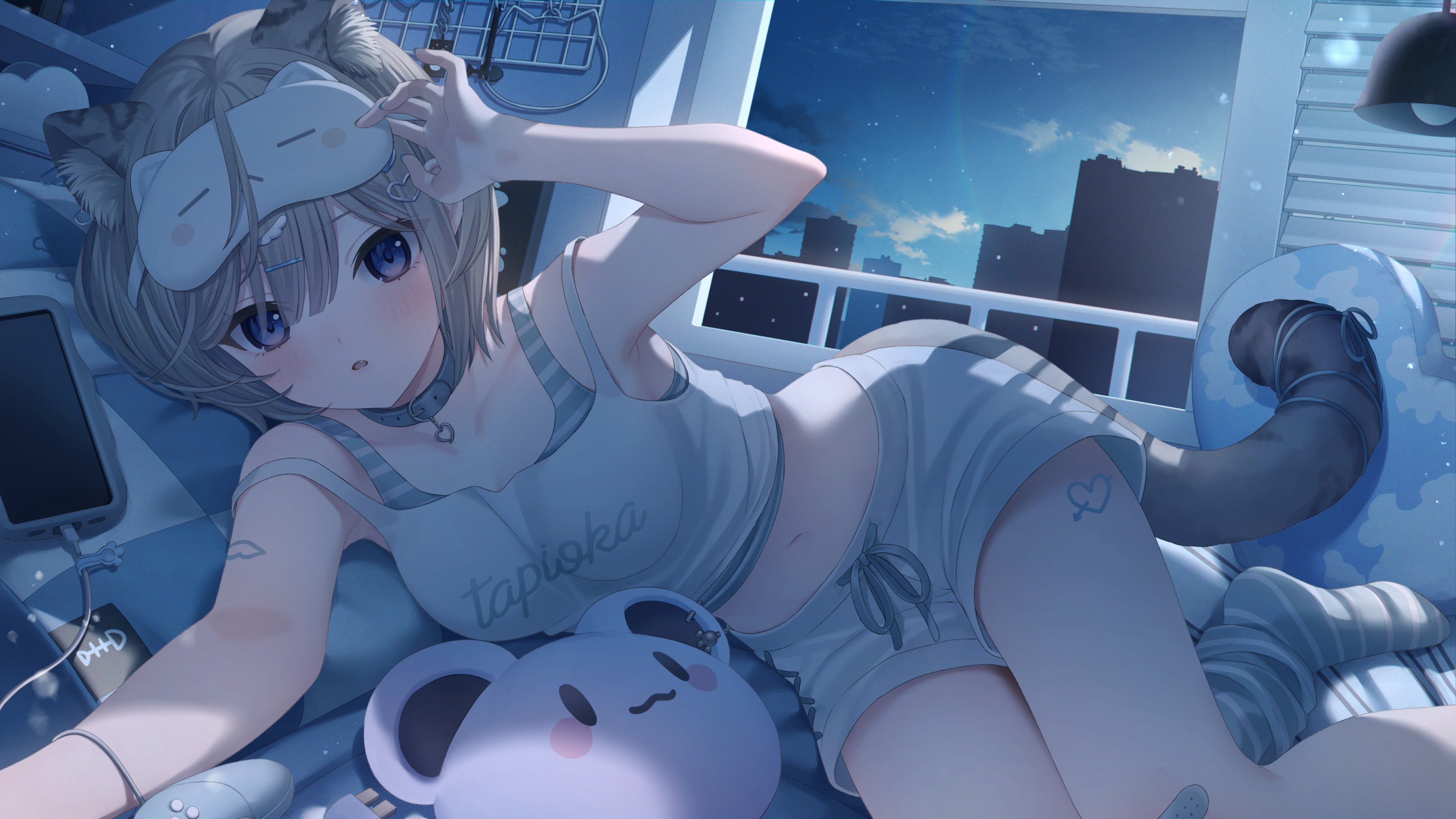 the image is a digital drawing of an anime girl lying in bed at night. she's wearing cat ears and a sleep mask, pajamas, and has a cat tail.  she's relaxing with a plush toy and seems comfortable and sleepy. the setting is a bedroom with a window showing a cityscape at night. the overall style is soft and pastelcolored.