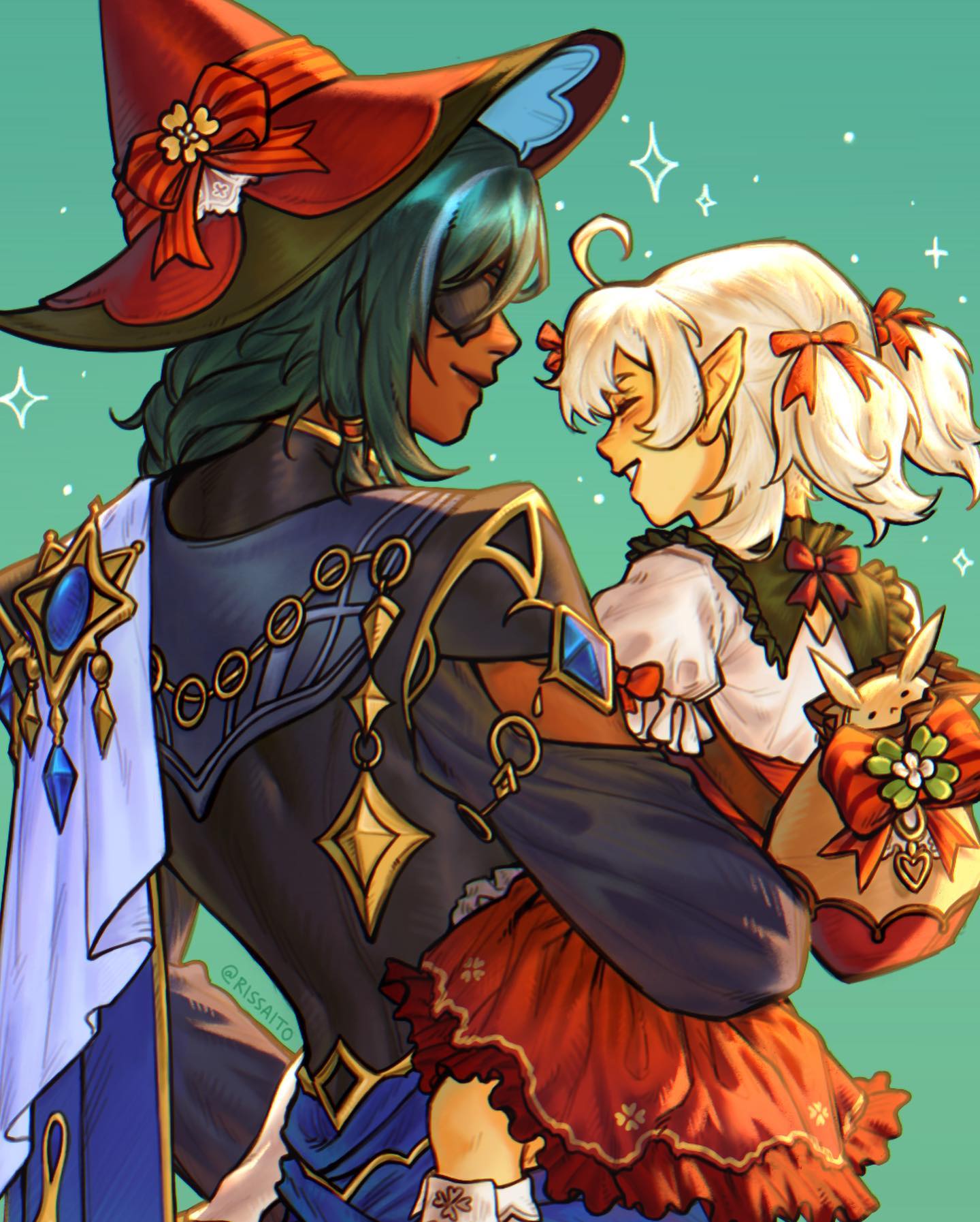 the image is a digital painting in an animeinspired style, depicting a male witchlike figure in a large red hat and blue and gold attire affectionately holding a small, fairskinned girl in a red dress. the male character appears to be a darkskinned elf or similar fantasy race with teal hair, while the girl has light blond hair and pointed ears.  they are looking lovingly at each other. the background is a simple teal green with sparkling stars.  the artist's signature "@kissaito" is visible in the lower middle section. the style is whimsical and romantic, conveying a sense of tenderness and affection between the two characters.  the girl is carrying a small plush toy rabbit wrapped in a red bow. the overall mood is light, heartwarming and magical.
