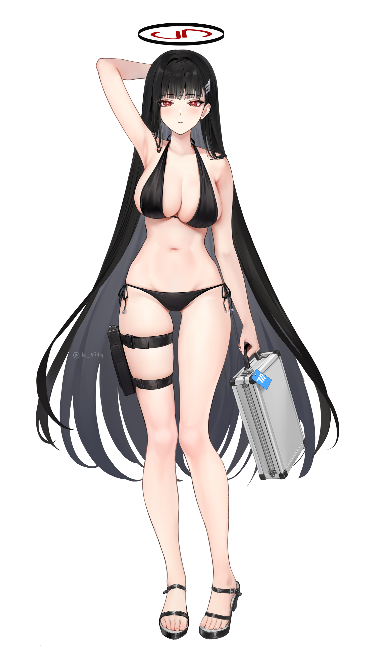 the image is a drawing of an animestyle woman with long black hair and red eyes. she is wearing a black bikini and has a halo above her head. she is holding a briefcase in her left hand and has a gun strapped to her right thigh. the background is white.
