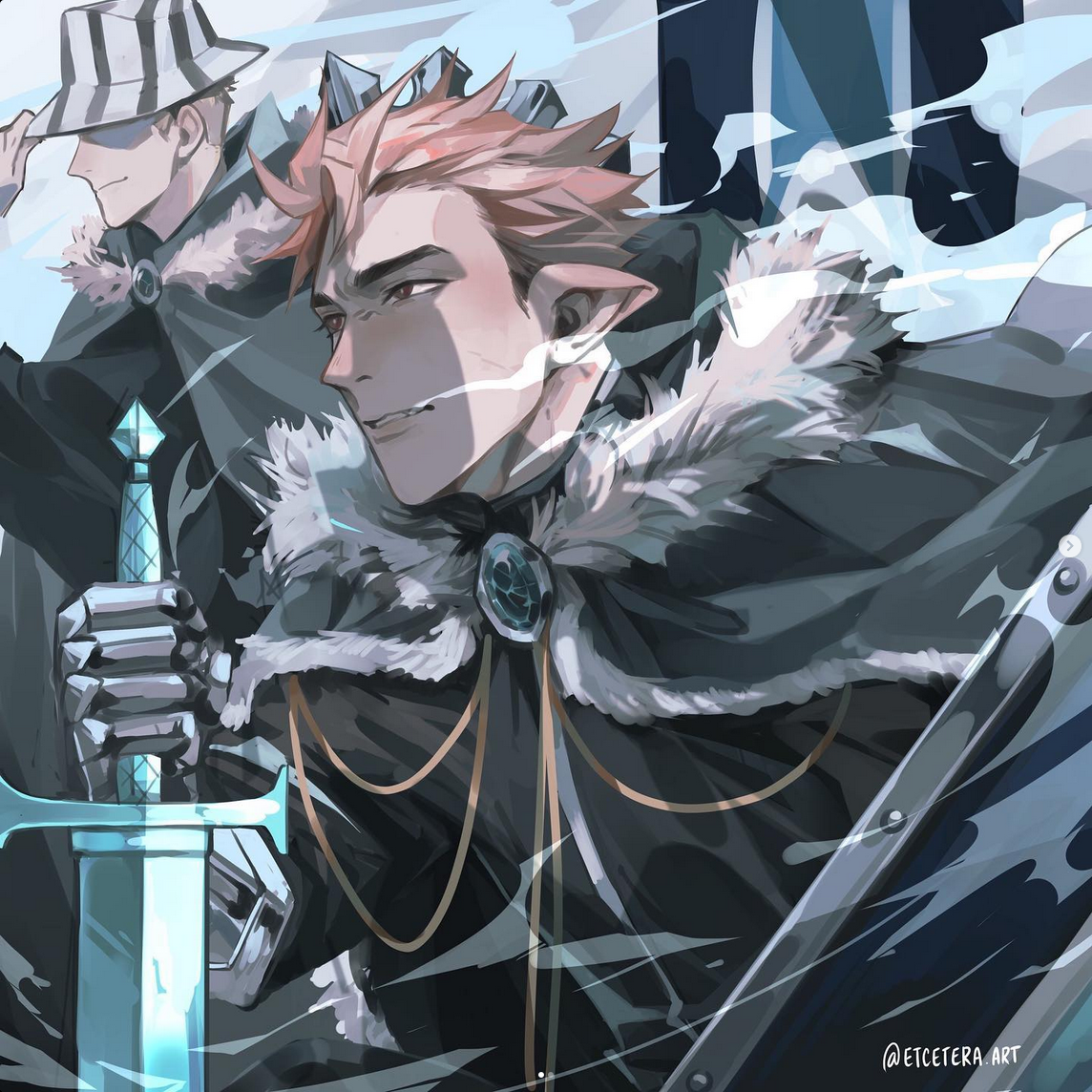 the image showcases two men, clad in attire suggesting a fantasy setting. the central figure, a young man with reddish hair and horns, commands attention with a confident smirk. he wields a gleaming sword and is adorned in an elaborate outfit featuring fur, armor, and a prominent skullshaped ornament.  the background figure, sporting a distinctive hat, adds to the scene's air of mystery and adventure. the presence of wind and a snowy environment further enhances the overall atmosphere.