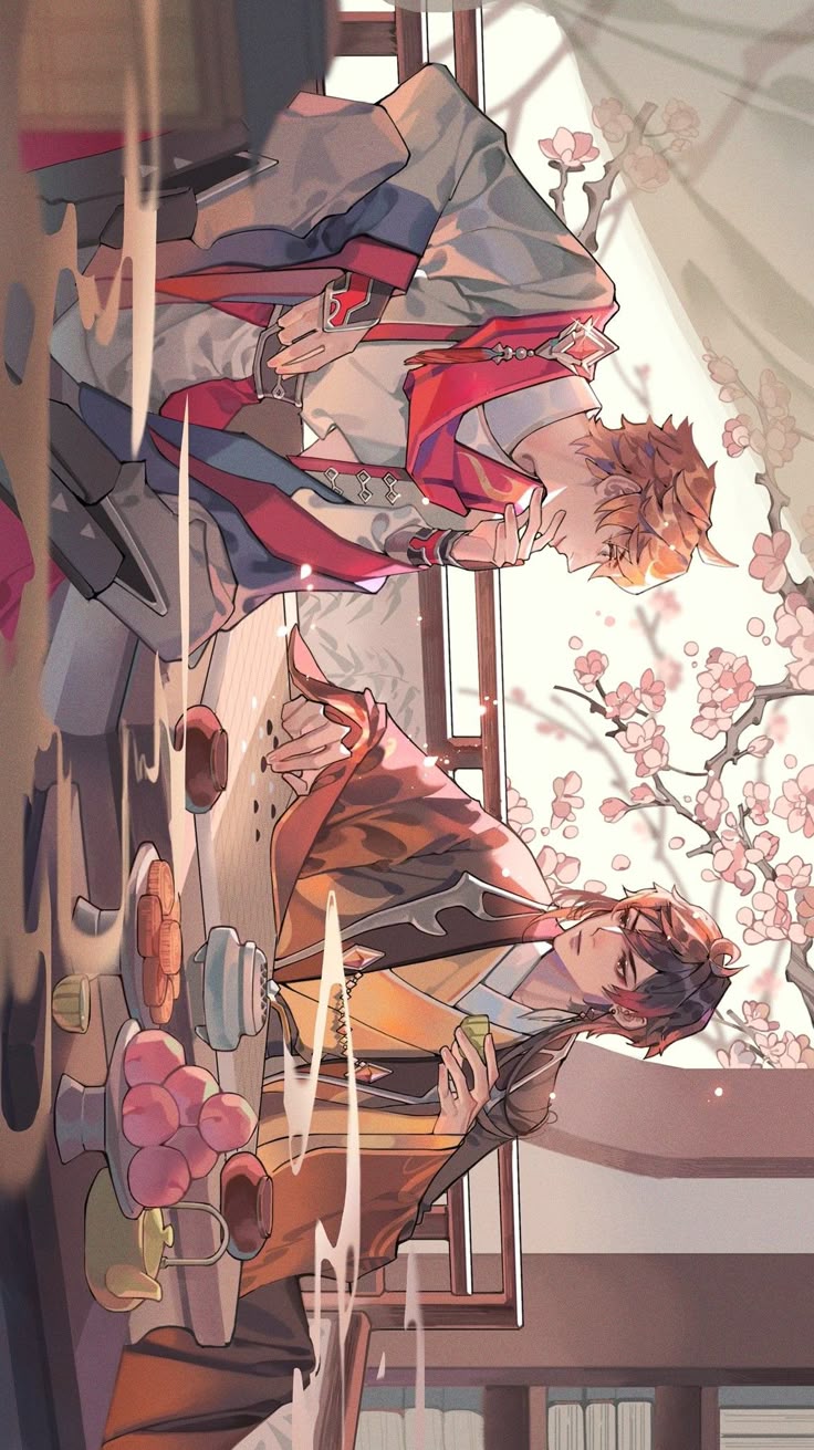 an animestyle illustration shows two male characters, likely childe and zhongli from genshin impact, in a reflective composition. childe is positioned at the top, wearing clothing with red and gray elements, while zhongli is at the bottom, in a brown and gold outfit. both are facing each other, seemingly engaged in a quiet moment. in front of zhongli is a table with various desserts, teacups, and a teapot, reflecting in the water. cherry blossoms are in the background. the overall tone is serene with soft lighting and muted colors.