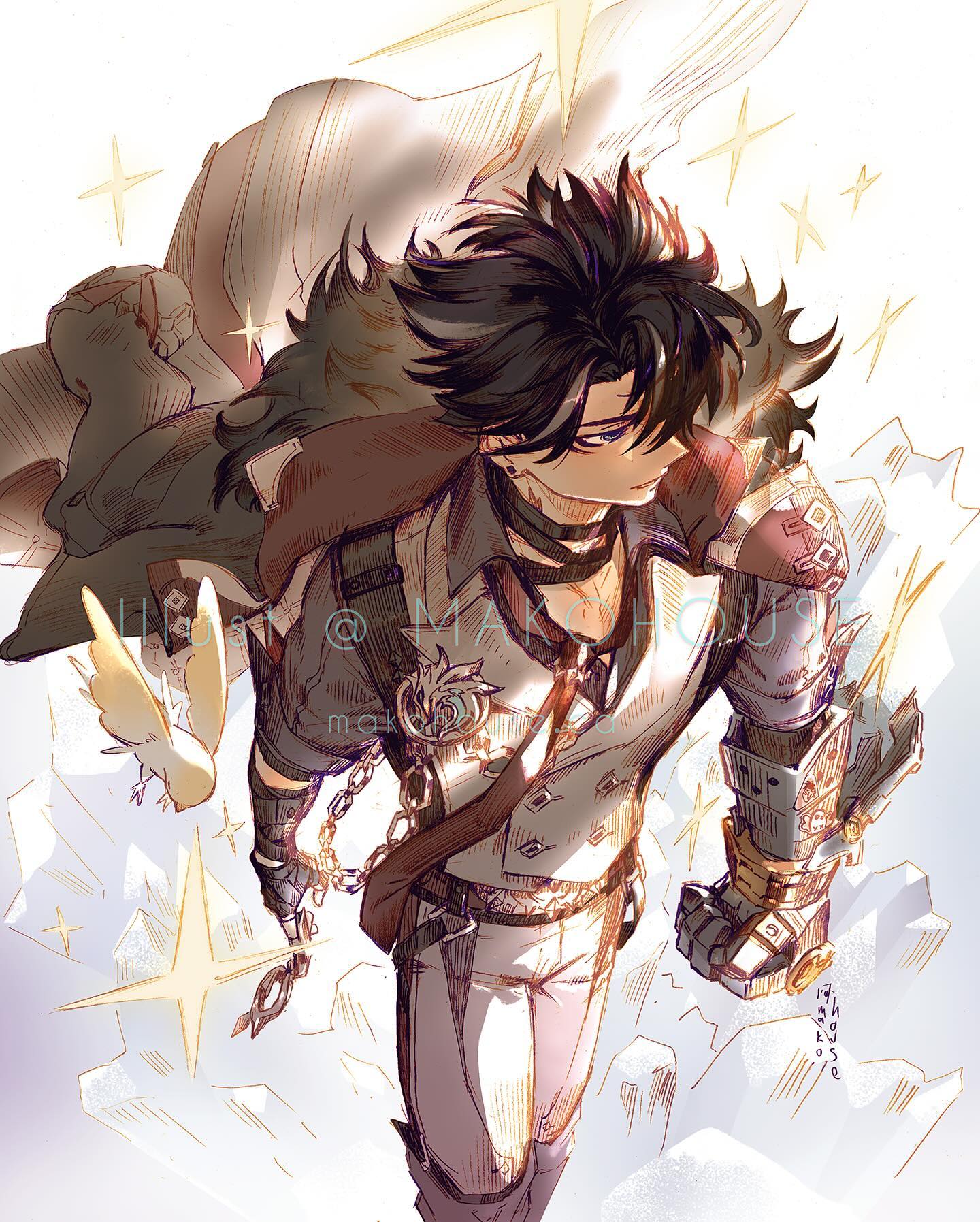 the image showcases a vibrant animestyle illustration of a young male character. he's depicted in a dynamic pose, seemingly midaction, with his body angled to suggest movement. his attire is a blend of fantasy and steampunk aesthetics, featuring a tailored jacket with fur accents, intricately designed pants, and a striking mechanical gauntlet on one arm.  a chain with a distinctive pendant hangs from his belt.  he carries an air of power and elegance, highlighted by glowing, ethereal elements around him.  the background features shimmering crystals and sparkling lights, contributing to a magical atmosphere.  a smaller, winged creature is visible near him, further reinforcing the fantasy elements of the piece. the overall style is highly detailed and expressive, capturing a sense of action and personality in the character's design. the color palette is soft, with warm and cool tones interacting harmoniously, and the lighting suggests a sense of energy and depth.