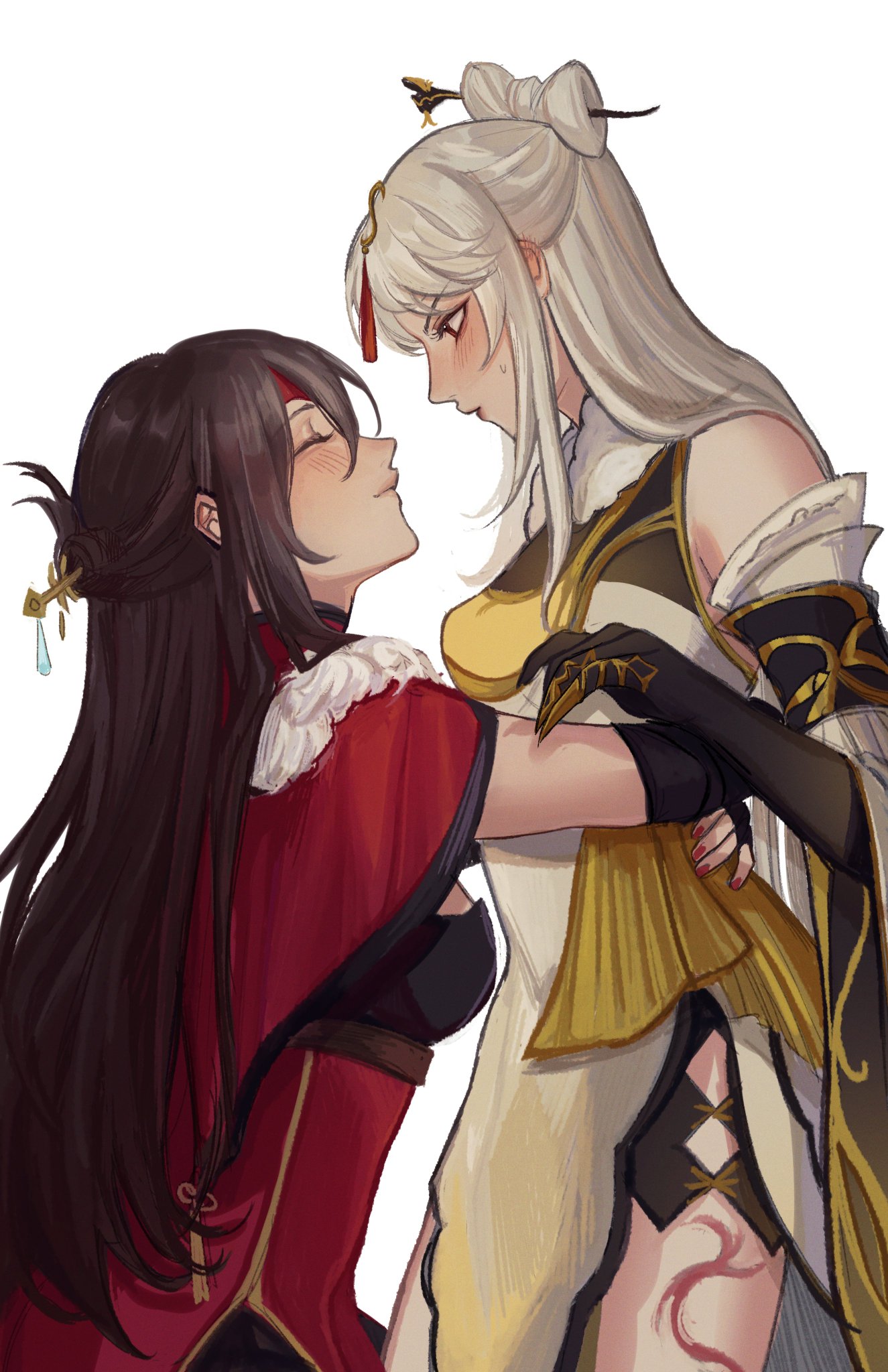 the image is an animestyle illustration of two women standing close to each other. the woman on the left has long black hair and is wearing a red dress, while the woman on the right has long white hair and is wearing a gold dress. they are both smiling and looking at each other. they are likely a couple who are expressing their love for one another. they are standing in front of a white background.