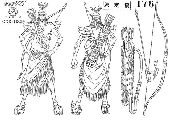 this black and white sketch showcases a character design, potentially for the anime one piece. it depicts a muscular man with native americaninspired attire, including a feathered headdress, loincloth, and armbands. he holds a bow and arrow, with a detailed quiver strapped to his back. the drawing presents the character from front, back, and side views, offering a comprehensive look at his design.