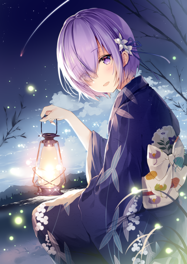 the image is an animestyle illustration of a young girl with short, purple hair. she is wearing a purple yukata (a light summer kimono) with floral patterns, and is sitting outdoors at night. she is holding a lit lantern in her hands.  the background features a night sky with stars and a shooting star, and fireflies are visible around her. the overall atmosphere is peaceful, serene, and magical. the art style is soft and delicate.
