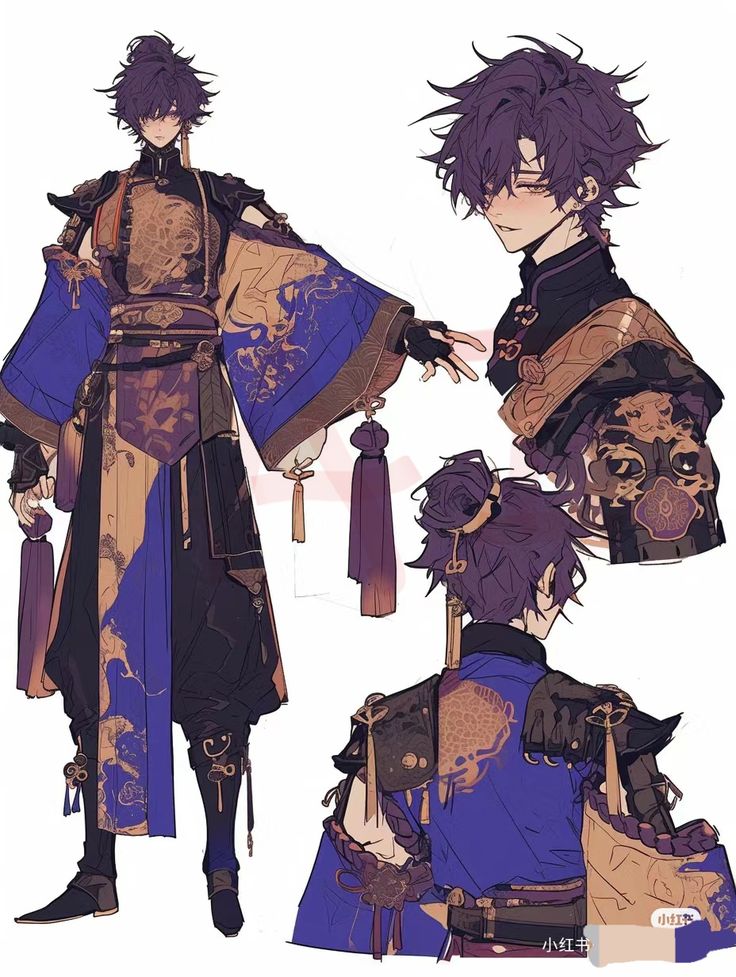 this image is a digital art illustration of an anime male character in a traditional chinese outfit. he is wearing a long, flowing robe with purple and blue colors. the robe is decorated with gold embroidery, and the character has a purple bun in their hair. they are depicted in multiple poses, showing off the details of their attire and the fluidity of their movements.