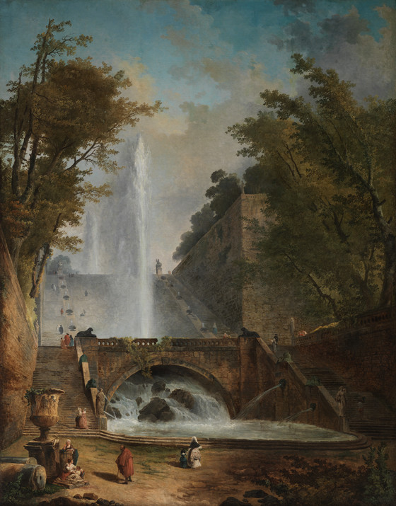 the painting depicts a grand classical landscape featuring a cascading fountain and architectural elements. a large waterfall descends down a series of stairs, culminating in a pool under a stone bridge. the scene is populated with figures, adding life to the composition. lush greenery and trees frame the architectural structures, contributing to the picturesque quality of the scene. the sky overhead has scattered clouds. the overall style suggests a historical setting and a romanticized depiction of nature and architecture.