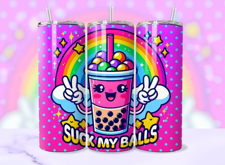 the image is a digitally rendered mockup of three tall tumblers, each with a straw. the tumblers feature a cartoonish design with a pink background, scattered blue polka dots, and small yellow stars. each tumbler displays a rainbow graphic, white cloud shapes making a "peace sign" hand gesture, and a cartoon bubble tea cup with a smiling face. the text "suck my balls" is written in stylized yellow letters at the bottom of the design. the tumblers are lined up sidebyside, positioned against a blurred background with a rainbow effect. the overall style is bright, colorful, and whimsical.