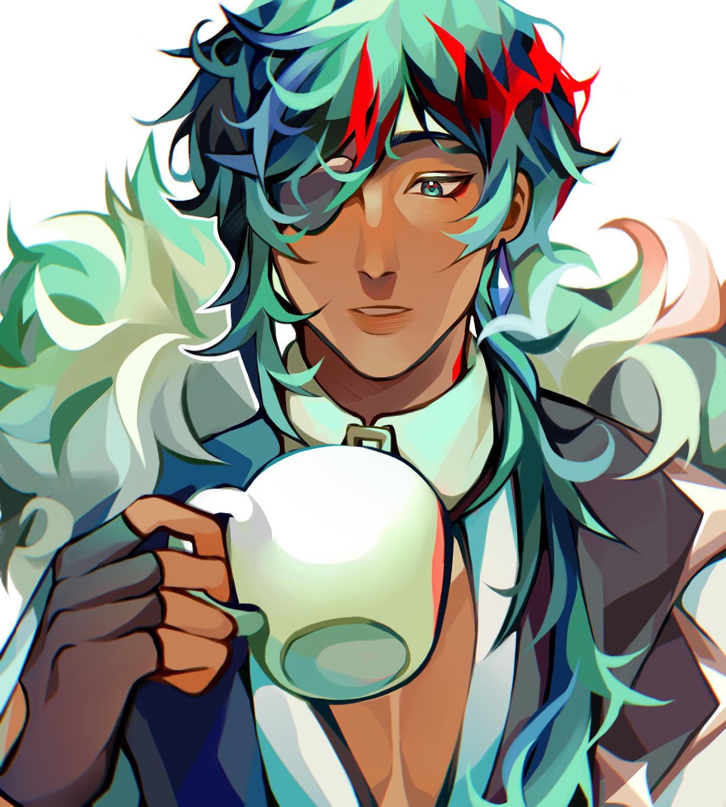 the image is a digital painting or illustration of a stylized anime or mangastyle male character. he possesses long, vibrant teal hair with streaks of red, and a striking eye patch covering his left eye. his skin tone is warm brown, and he has a calm, somewhat serious facial expression. he's dressed in elegant clothing that hints at a sophisticated or possibly fantasy setting, featuring a high collar and dark jacket. the character is holding a pale green or white teacup, adding to the overall aesthetic. the art style is characterized by sharp, defined lines and saturated, bright colors, creating a visually dynamic and eyecatching image. the background is simple, allowing the character to be the main focus. the overall style suggests fanart, perhaps inspired by a video game or anime series, owing to the distinct design choices.