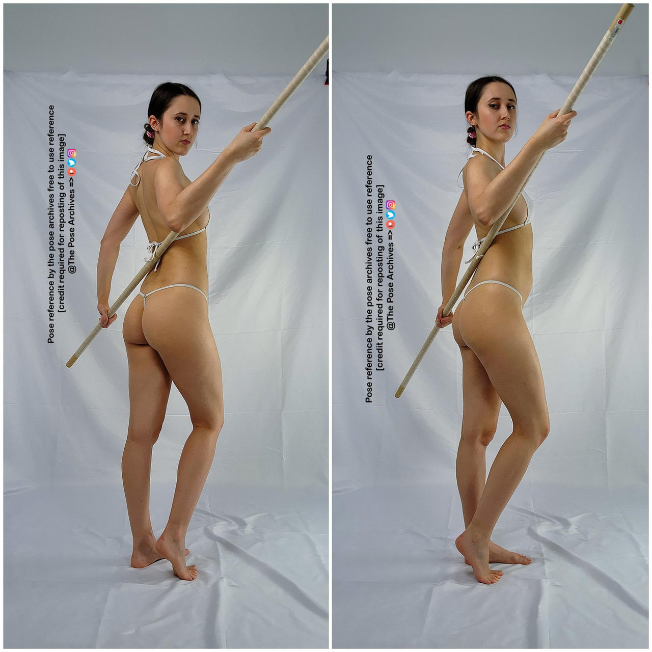 a young woman in a white bikini stands against a white background, holding a wooden staff diagonally across her body. she is captured in two slightly different poses, offering artists multiple reference points. the lighting is even and bright, highlighting her form and the staff's texture.