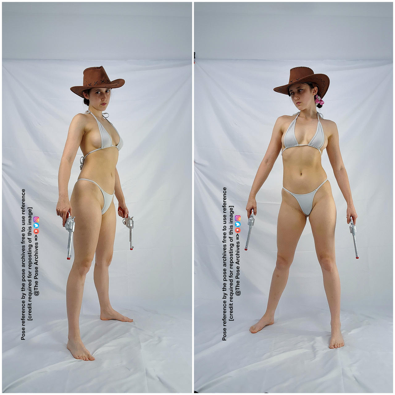 a woman in a white bikini and cowboy hat stands against a white background, holding pistols in both hands. she is positioned for a classic western showdown. the lighting is soft and natural, highlighting her form. the focus is on her confident stance and the weapons she wields.