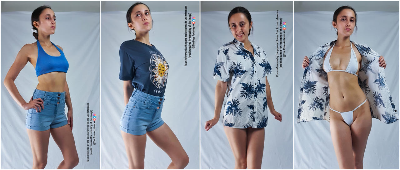a collage of four photos showcasing a woman modeling different outfits. she is wearing a blue sports bra and denim shorts in the first photo, a graphic tee and denim shorts in the second, an open hawaiian shirt over a bikini top in the third, and holding open a hawaiian shirt revealing a white bikini in the fourth. she maintains a confident pose throughout the photos. the background is a consistent offwhite, suggesting an indoor setting. the images are welllit with soft, naturallooking light.