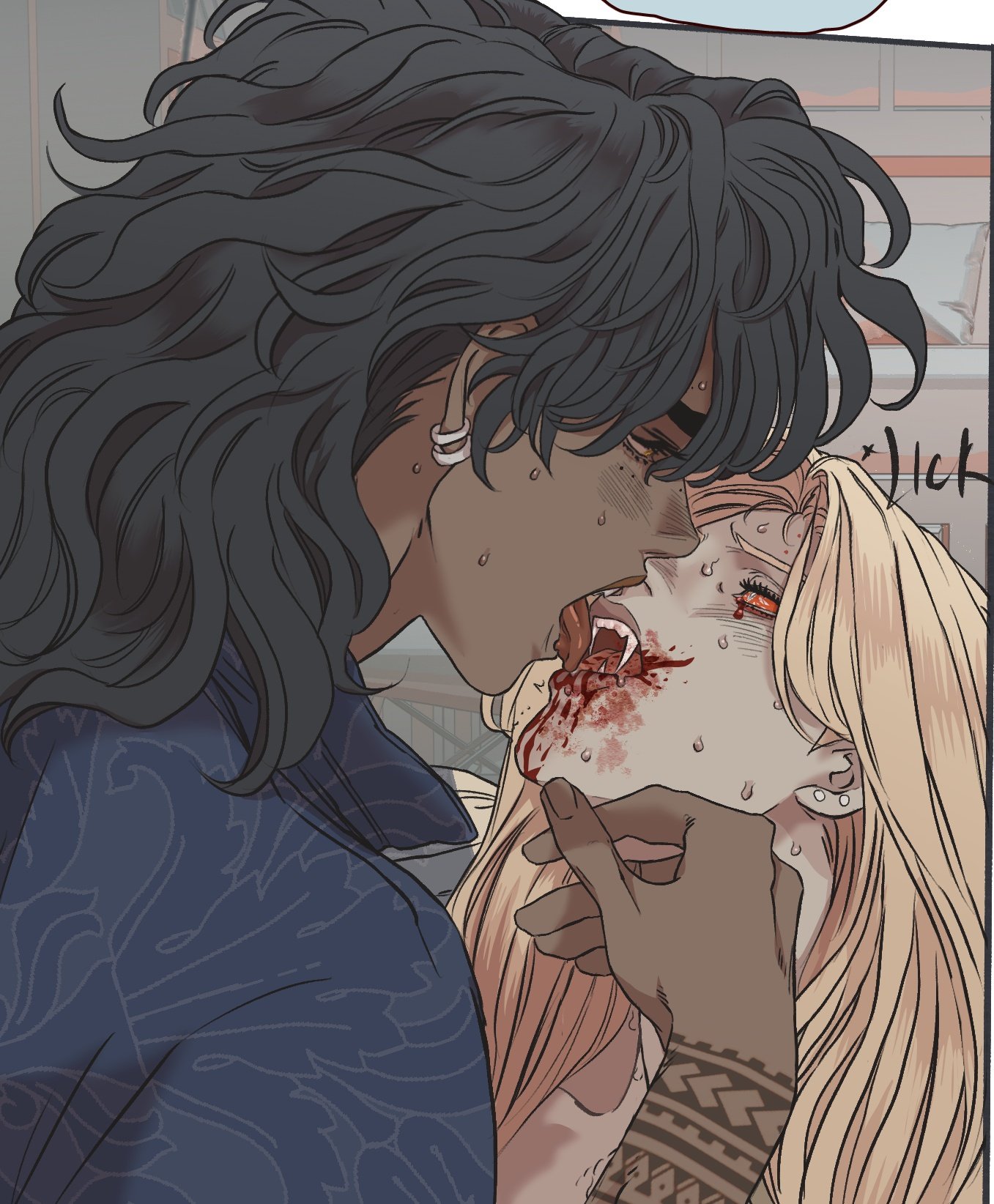 an illustration depicting a vampire biting a blondehaired person on the neck, with blood visible around their mouth and neck. the vampire has dark hair and dark eyes, wearing a patterned shirt. the person being bitten has blonde hair and red eyes, with a tattoo visible on their arm. the scene conveys a sense of horror and romance.