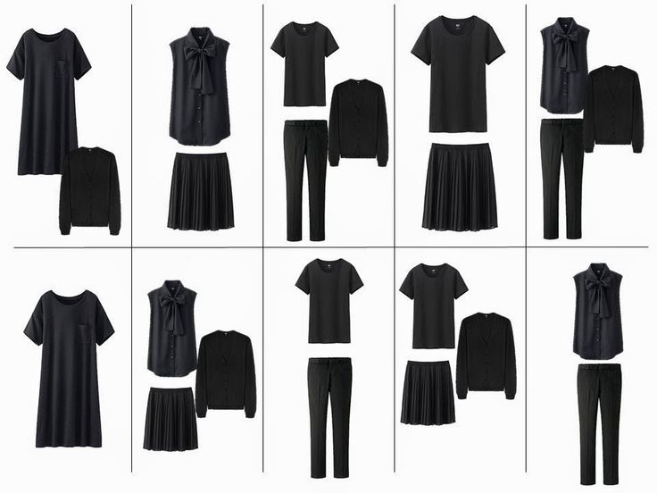 the image shows 10 different outfits with clothing items such as black dress, skirt, pants, shirt, cardigan, and black clothing.